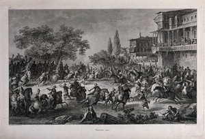 view Turkish men riding on horseback in a tournament watched by people on a balcony. Engraving by J.B. Liénard after J.B. Hilaire.