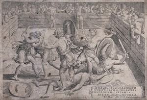 view The fight between the Horatii and the Curiatii in an arena surrounded by spectators. Engraving after Giulio Romano, 1541.