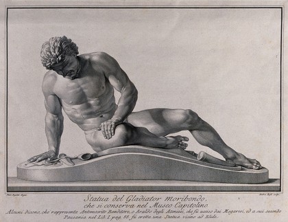 The dying gladiator: a man resting with his legs outstretched and one hand resting on his thigh. Engraving by Andrea Rossi after Pietro Angeletti, 17--.