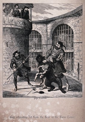 The giant Gog extricating the dwarf Xit from a bear in the Lions Tower at the Tower of London, watched by Queen Mary I. Etching by George Cruikshank.