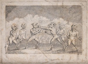 view Creatures with strange faces and bodies engaging in a boxing match in front of a crowd. Etching.