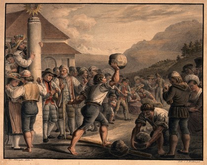 A man is running with a large stone in his hand, another man picks up a stone to join the competition. Coloured lithograph by J. Brodtmann after Jac. Schwegler.