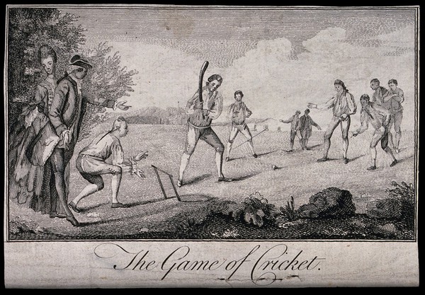 Men playing cricket. Engraving, 17--.