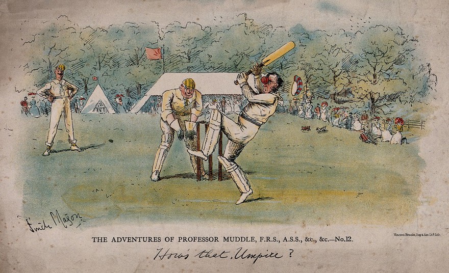 A cricket ball has hit a batsman in the face as he plays a game on the cricket field. Colour lithograph after G. Finch Mason, 1898.