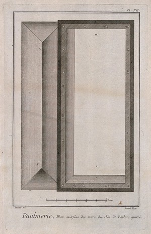 view A plan of a court for playing real tennis. Engraving by Benard after Lucotte.