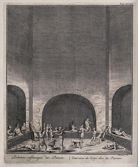 Persian men doing physical exercises. Engraving by C.F. Fritschius.