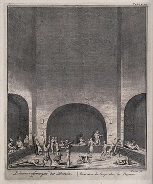 view Persian men doing physical exercises. Engraving by C.F. Fritschius.