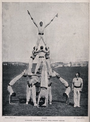 view A number of men have formed a pyramid as part of a gymnastic exercise. Process print.