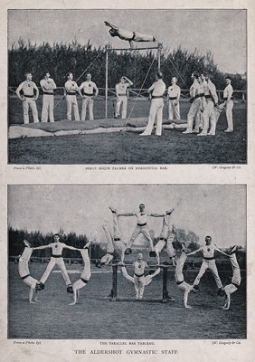 Men from the Aldershot Gymnasium performing a gymnastic exercise on the parallel bar. Process print by PN after W. Gregory & Co., 1895.