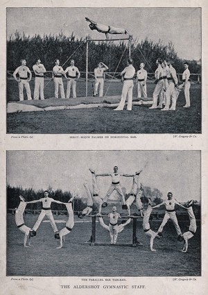 view Men from the Aldershot Gymnasium performing a gymnastic exercise on the parallel bar. Process print by PN after W. Gregory & Co., 1895.