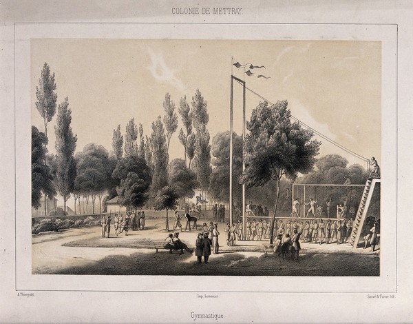 Mettray penal colony, Mettray, France: a large area in a park set up for gymnastics and other sports to take place. Lithograph by Sauvé & Faivre after A. Thierry.