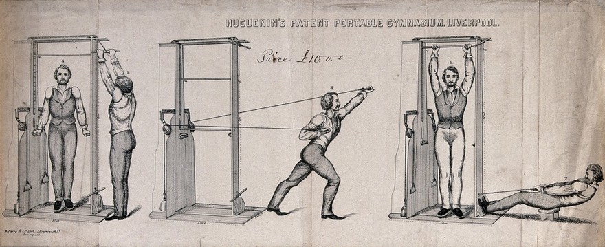 A man performing exercises in a frame with weights and pulleys. Lithograph by E. Parry & Co.