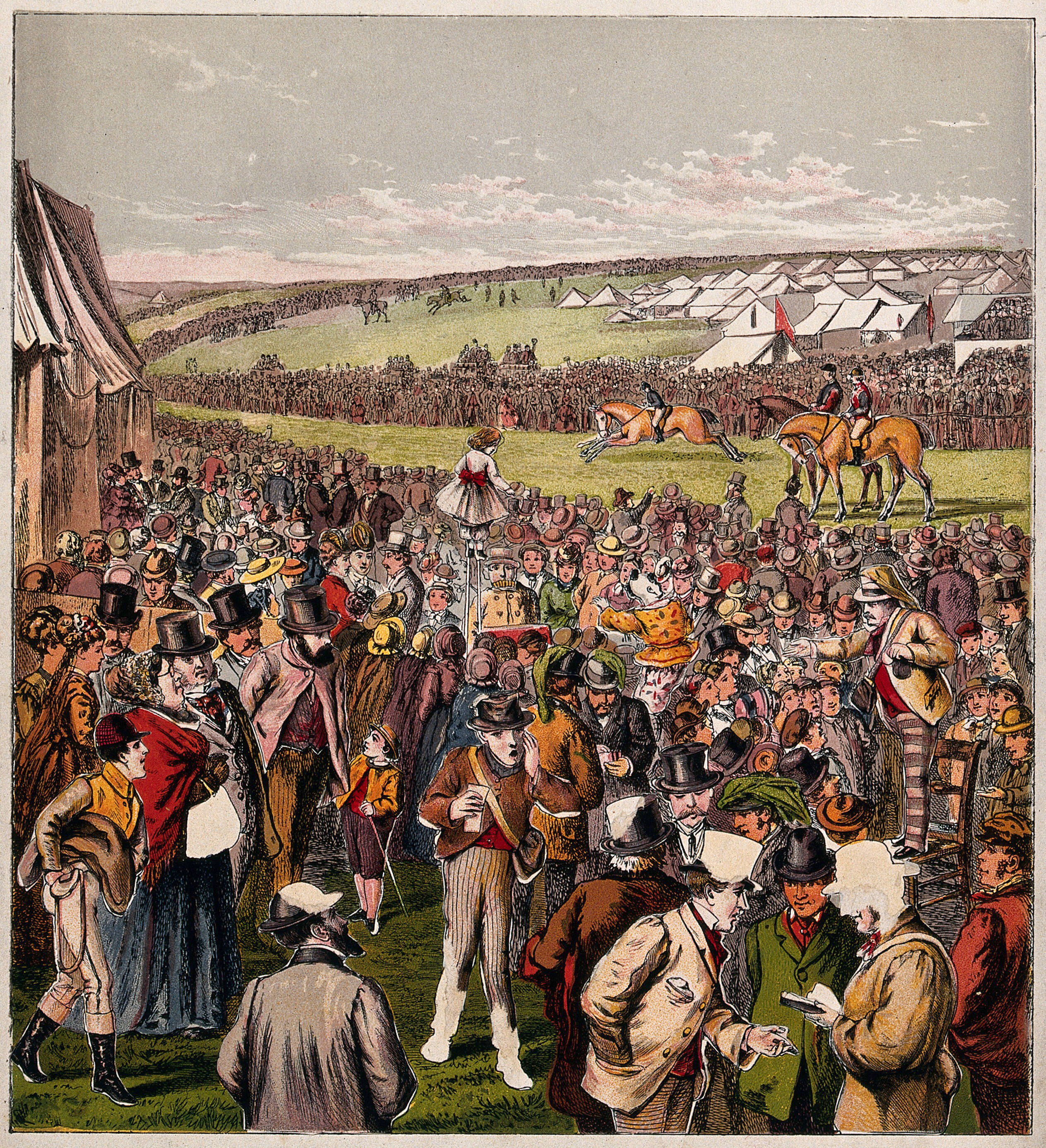 Crowds Of People Are Watching The Horse Racing In A Large Field