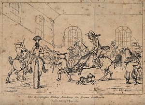 view Men learning to ride at an equestrian school: one horse is misbehaving. Etching by T. Rowlandson after H.W. Bunbury.