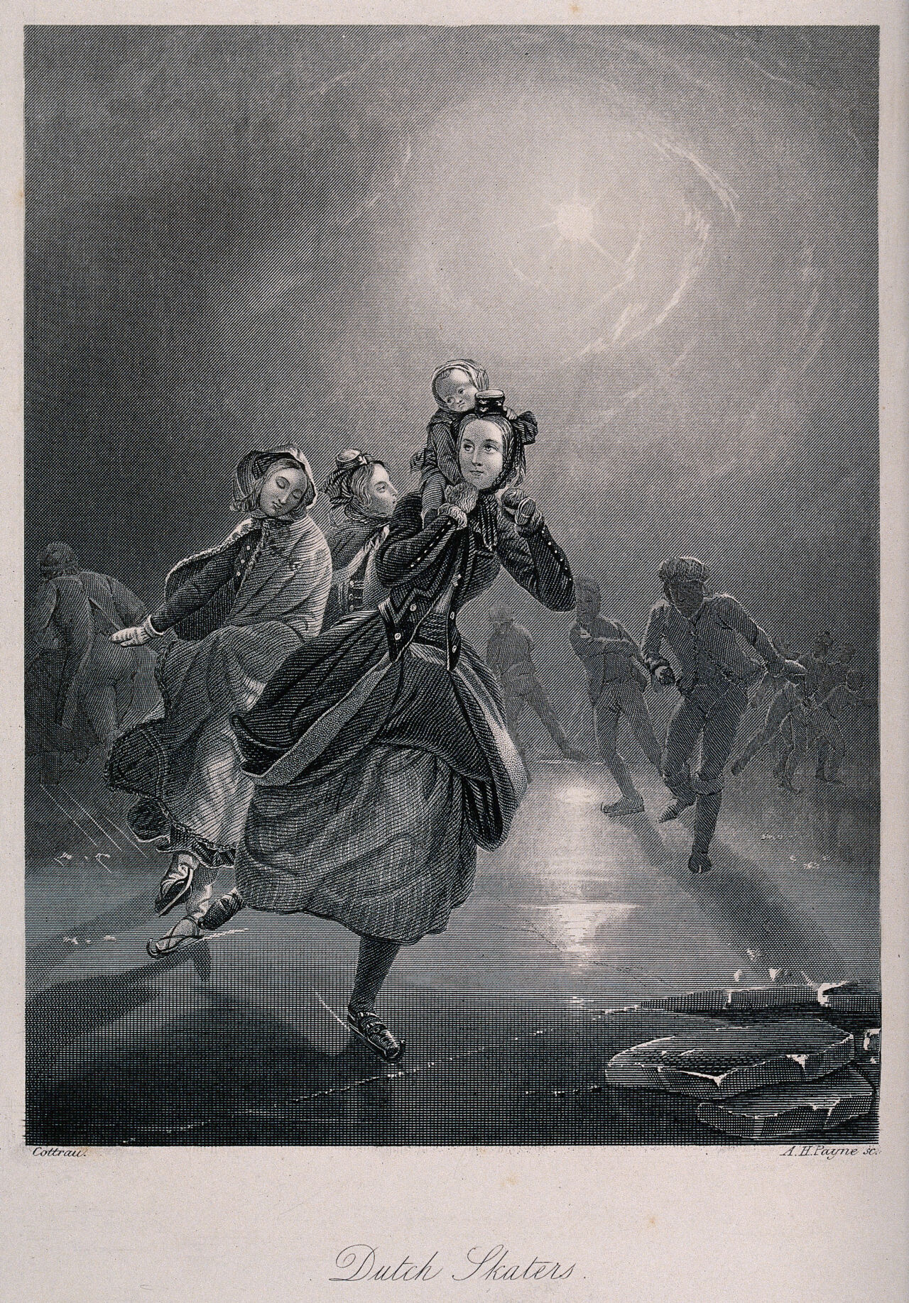 Dutch people skating on a frozen lake, one woman carries a child on her shoulders. Engraving by A. H. Payne after F. Cottrau., 1800-1899, by Félix Cottrau