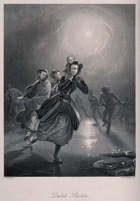 Dutch people skating on a frozen lake, one woman carries a child on her shoulders. Engraving by A. H. Payne after F. Cottrau.