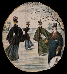 Women in fur capes and hats with feathers in are skating on a frozen lake, a man in a top hat and coat is watching from the side. Colour process print, 18--.