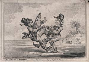 view The wind has caught the umbrella of a man who is skating, causing him to collide with another man. Etching by J. Gillray, 1805.