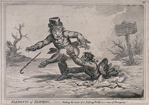 view A man has fallen through ice into a river: he is clutching at the leg of his companion in an attempt to rescue himself. Etching.