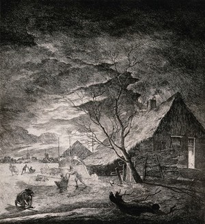 view People are skating on a frozen village pond, two are being pushed in sledges, and one person has fallen over on the ice. Etching after A. Van der Neer.