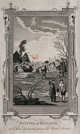 Dutch men, women and children are amusing themselves by playing kolf on ice and other recreations. Engraving by Roberts after Vanloo.