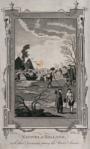 view Dutch men, women and children are amusing themselves by playing kolf on ice and other recreations. Engraving by Roberts after Vanloo.