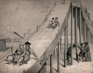view Some people climb up the steps to the top of a slide, others slide down the other side in couples. Lithograph, 18--.