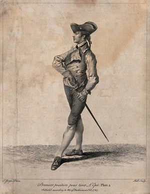 view Fencing: a man is standing in position with his hand on the sword at his side. Engraving by Hall after J. Gwyn.