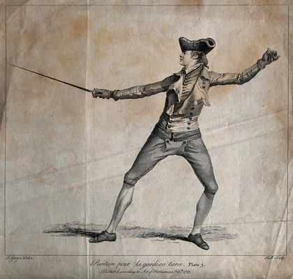 Fencing: a man is in position with a sword in his hand. Engraving by Hall after J. Gwyn.