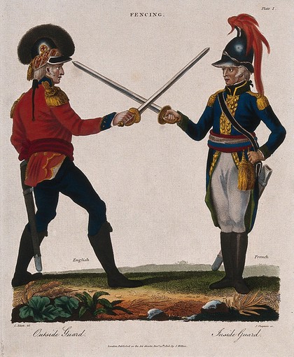 An English soldier facing a French soldier with their swords crossed. Coloured engraving by J. Chapman, 1805, after C. Elliott.