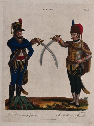 A Prussian soldier facing a Swiss soldier with their curved swords crossed. Coloured engraving by J. Chapman after C. Elliott.