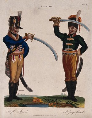 view An Austrian soldier facing a Russian soldier with their swords raised in their hands. Coloured engraving by J. Chapman after C. Elliott.