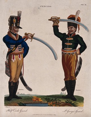 An Austrian soldier facing a Russian soldier with their swords raised in their hands. Coloured engraving by J. Chapman after C. Elliott.