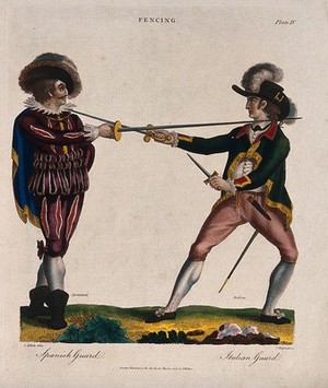 view An Spanish soldier facing an Italian soldier with their swords crossed. Coloured engraving by J. Chapman after C. Elliott.