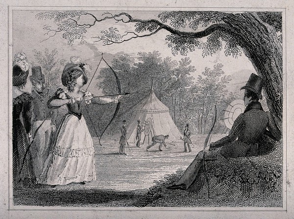 A woman is aiming at a target with a bow and arrow as a man sits under a tree and watches. Engraving.