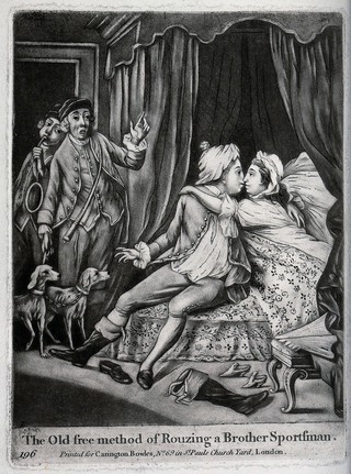 Two hunters with hounds have entered a bedroom to summon another hunter whose wife does not want him to leave. Mezzotint, 17--.