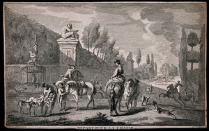 view Men and boys in an Italian garden preparing the horses and hounds to go hunting. Engraving by J.P. Le Bas after C. Parrocel.