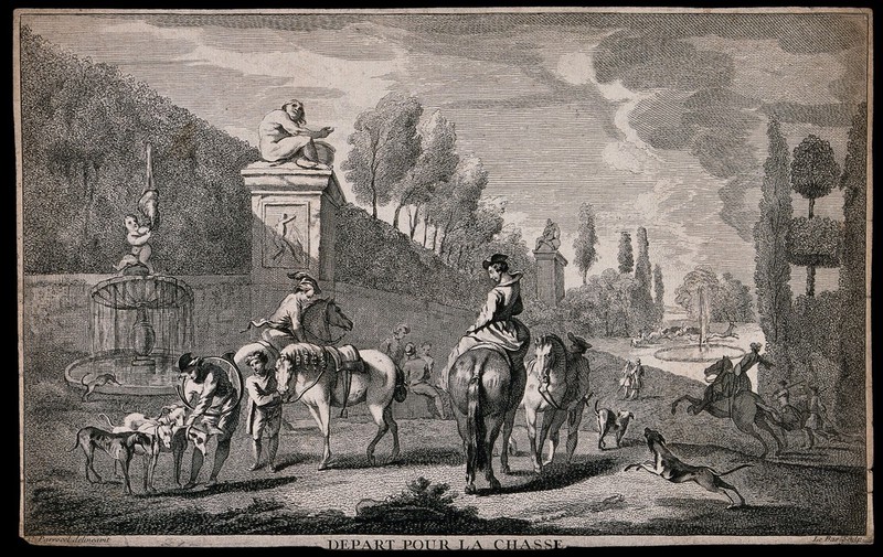 Men and boys in an Italian garden preparing the horses and hounds to go hunting. Engraving by J.P. Le Bas after C. Parrocel., [1736], by Charles Parrocel