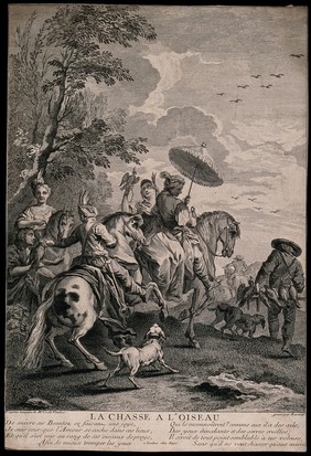 A hunting party with falcons. Engraving by S.F. Ravenet after Carle Vanloo.