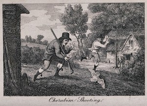 view A man who has shot a barn owl moves towards it as another man runs away. Etching.