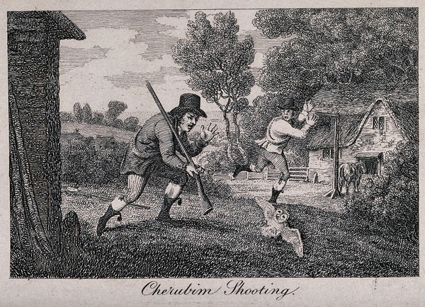 A man who has shot a barn owl moves towards it as another man runs away. Etching.