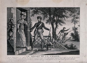 view M. de Mélincourt sets off for the hunt saying farewell to his wife, while his son is having shooting lessons. Engraving.