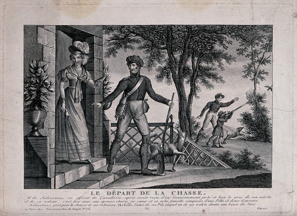 M. de Mélincourt sets off for the hunt saying farewell to his wife, while his son is having shooting lessons. Engraving.