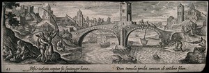 view Men fishing from the banks of the river and from a bridge spanning the water. Engraving after H. Bol.