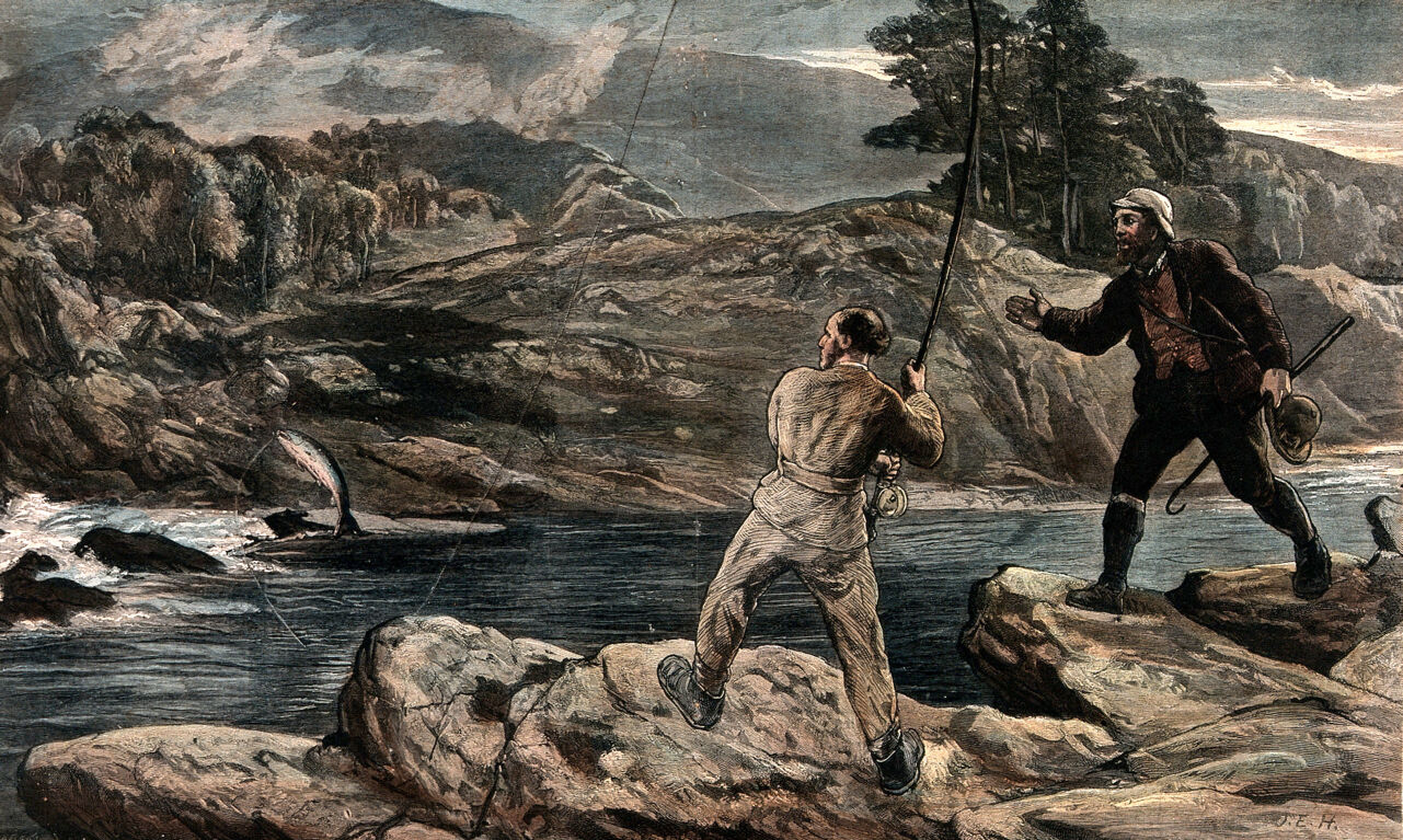 A man fishing on a river has caught a fish on the end of his line, the gilly is offering to help reel it in. Coloured wood engraving by E. Froment after J.E. Hodgson., 1876, by John Evan Hodgson