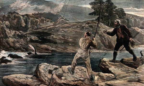 A man fishing on a river has caught a fish on the end of his line, the gilly is offering to help reel it in. Coloured wood engraving by E. Froment after J.E. Hodgson.