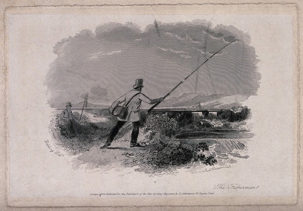 A man is fishing with a line from the banks of a river, as another man sits on the bank with a net in his hand. Engraving by Andrew Duncan, 1836, after Newton (?) Fielding.