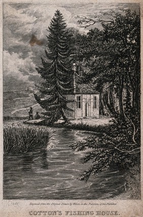 Charles Cotton's fishing house on the Dove River, Beresford Dale, Derbyshire: two men fishing from the banks of the river. Engraving after Wilson.