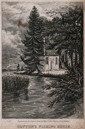 view Charles Cotton's fishing house on the Dove River, Beresford Dale, Derbyshire: two men fishing from the banks of the river. Engraving after Wilson.