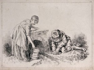 view A girl filling a bucket at a water-outlet, whle a boy is opening up a fish (to clean it?). Soft ground etching by W.H. Pyne, 1813.